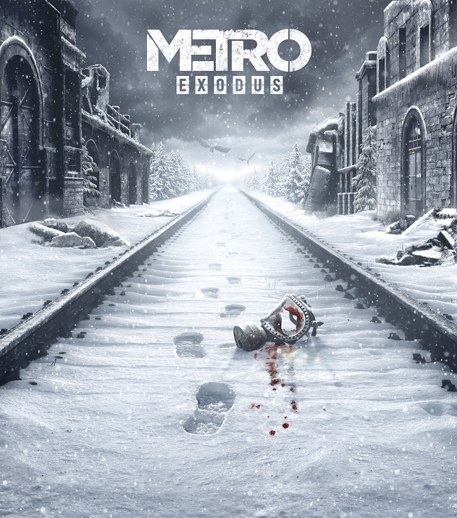 Обложка Metro Exodus — рельсы уходят вдаль сквозь снег, на переднем плане разбитый противогаз